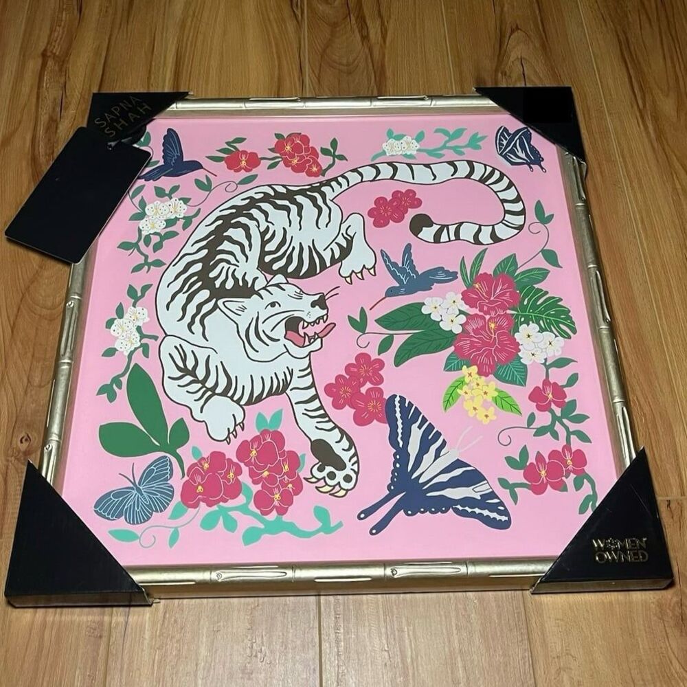 Sapna Shah Bengal Tiger Floral Butterfly Gold Frame Wall Art Decor